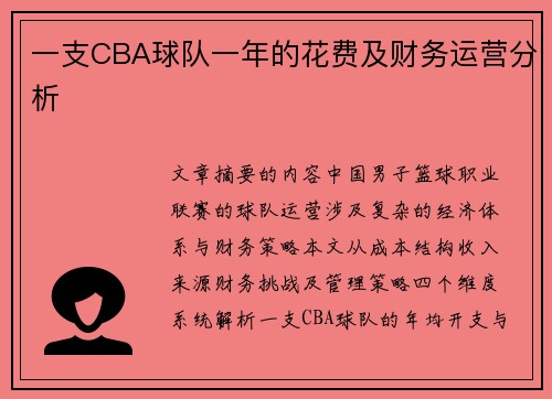 一支CBA球队一年的花费及财务运营分析