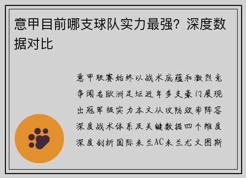 意甲目前哪支球队实力最强？深度数据对比