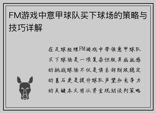 FM游戏中意甲球队买下球场的策略与技巧详解