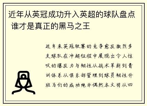 近年从英冠成功升入英超的球队盘点 谁才是真正的黑马之王